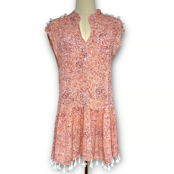 Poupette St. Barth Heni Pink Red Floral Tassel-Trimmed Dress Small - Picture 1 of 6